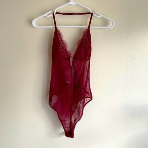 NWOT Victoria’s Secret Burgundy Lace & Mesh Thong Bodysuit